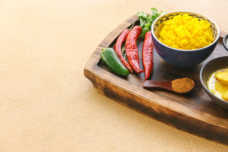 Board with traditional Indian food on color background