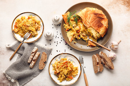 Plates with tasty Shah Pilaf on light backgroundの写真素材