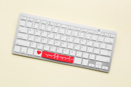 Keyboard with red heart and cardiogram drawings on color background. Donation concept