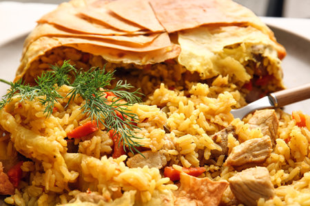 Plate with tasty Shah Pilaf on table, closeupの写真素材