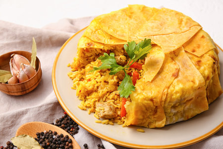 Plate with tasty Shah Pilaf on light backgroundの写真素材