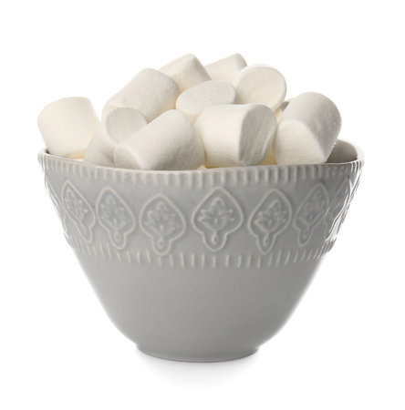 Bowl with tasty marshmallows on white backgroundの写真素材