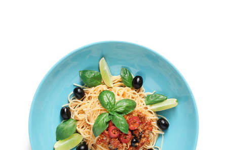 Plate of tasty Pasta Puttanesca on white background, closeupの写真素材