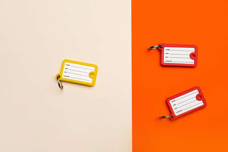 Different plastic key tags on color background