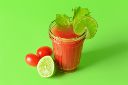 Glass of bloody mary with celery, lime and tomatoes on color backgroundの写真素材