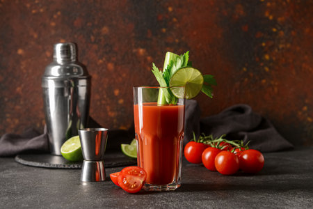 Glass of bloody mary with celery, lime and tomatoes on tableの写真素材