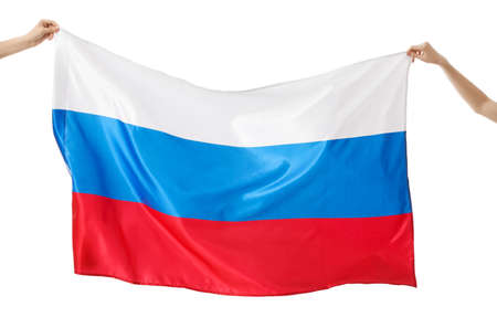 Women holding Russian flag on white background, closeupの写真素材
