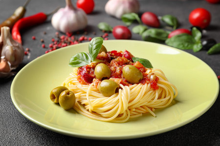 Plate with tasty Pasta Puttanesca on dark backgroundの写真素材