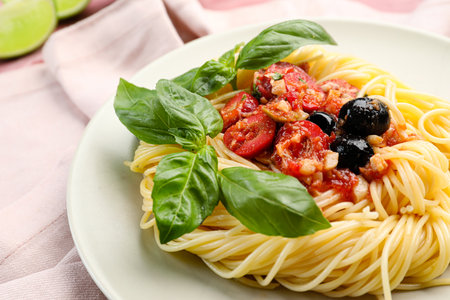 Plate with tasty Pasta Puttanesca on table, closeupの写真素材