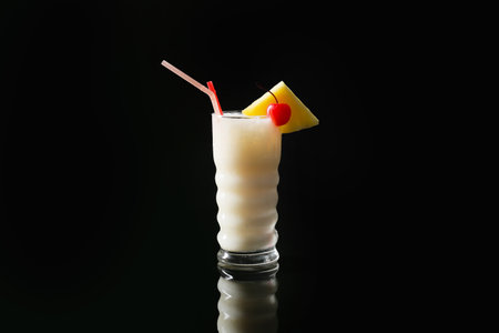 Glass with tasty Pina Colada cocktail on dark backgroundの写真素材