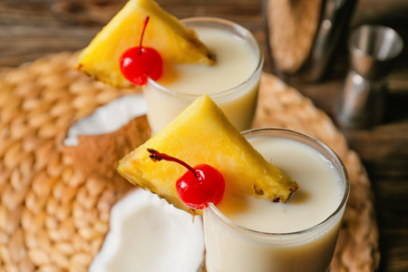 Glasses with tasty Pina Colada cocktail on wooden background