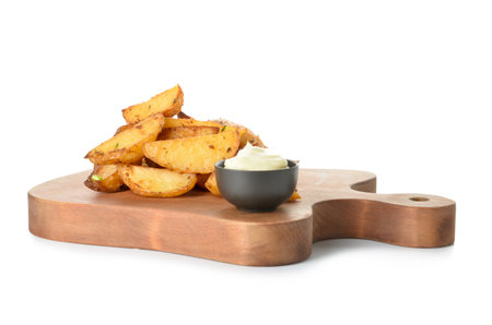 Wooden board with tasty baked potato on white backgroundの写真素材