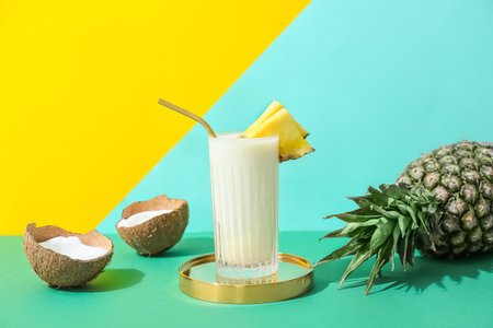 Glass with tasty Pina Colada cocktail on color backgroundの写真素材