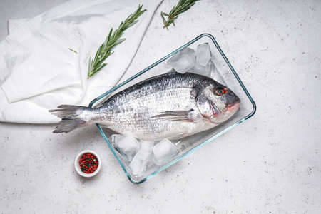Bowl with raw dorado fish and ice cubes on light backgroundの写真素材