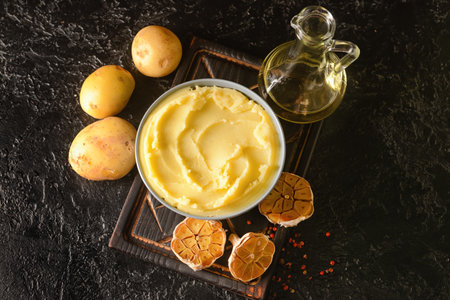 Bowl of tasty mashed potatoes with garlic and vegetables on dark background