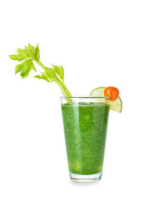 Glass of bloody Mary cocktail on white backgroundの写真素材