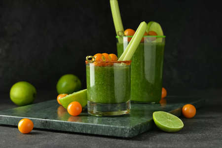 Glasses of bloody Mary cocktail on dark backgroundの写真素材