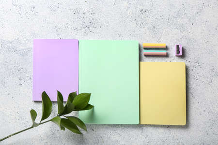 Notebooks, erasers and sharpeners on color background