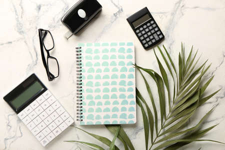 Set of stationery supplies, glasses and palm leaf on light background