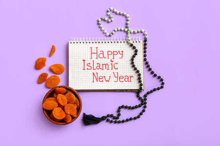 Composition for Islamic New Year on color backgroundの写真素材