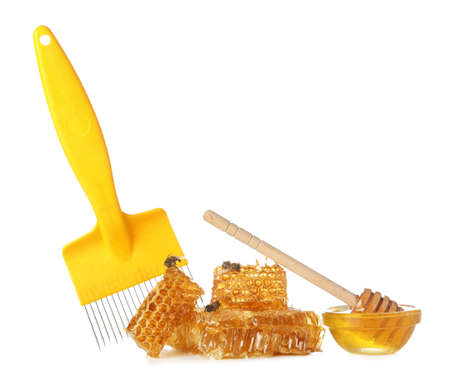 Bee hive uncapping tool with honey on white background