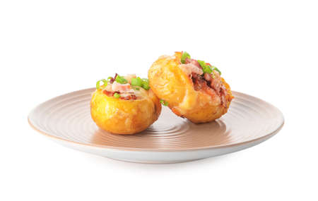 Plate with baked potato on white backgroundの写真素材