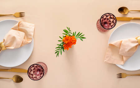 Stylish table setting on color backgroundの写真素材