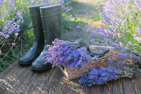 Box with lavender flowers and gardening tools in the fieldの写真素材