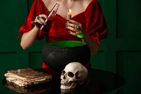 Witch performing ritual on dark color backgroundの写真素材
