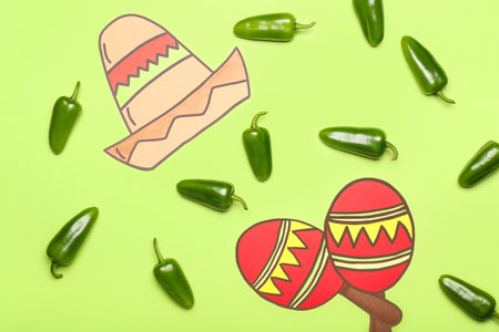Green jalapeno peppers and drawn symbols of Mexico on color backgroundの写真素材