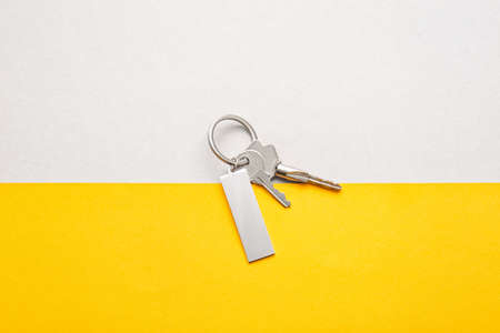 Keys with stylish keychain on color backgroundの写真素材