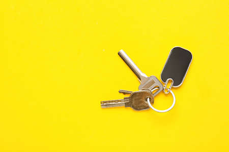 Keys with stylish keychain on color background