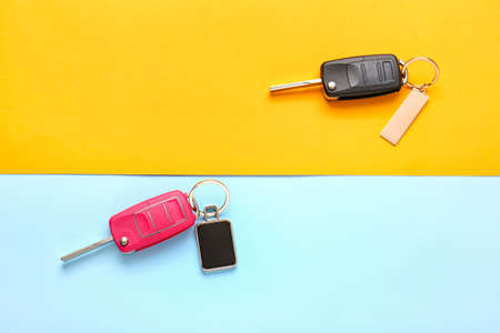 Car keys with stylish keychains on color background