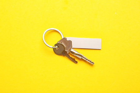 Keys with stylish keychain on color background
