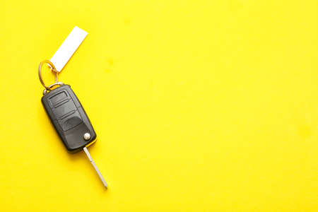 Car key with stylish keychain on color backgroundの写真素材