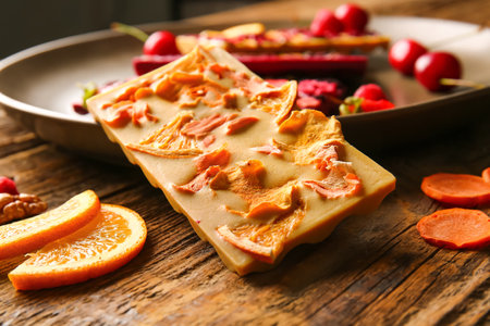 Handmade chocolate bar with fruits on table, closeup