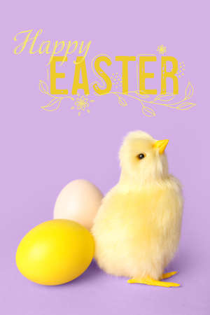 Cute chicken, painted eggs and text HAPPY EASTER on lilac background