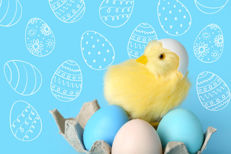 Cute yellow chicken and Easter eggs on blue background