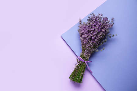 Bouquet of lavender flowers on color backgroundの写真素材