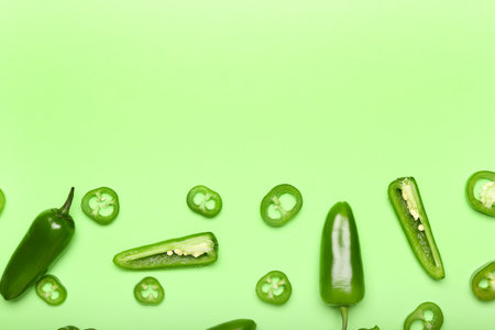 Cut green jalapeno peppers on color backgroundの写真素材