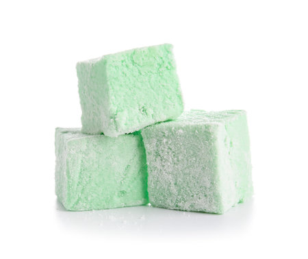 Tasty sweet marshmallows on white backgroundの写真素材