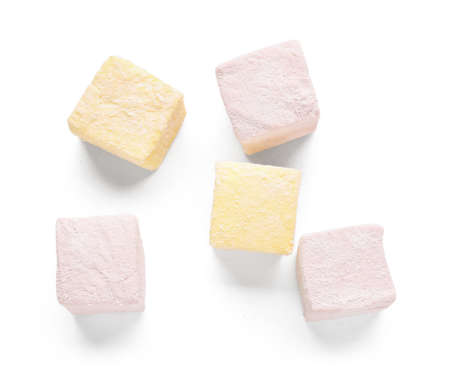 Tasty sweet marshmallows on white backgroundの写真素材