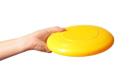 Woman holding Flying disc on white backgroundの写真素材