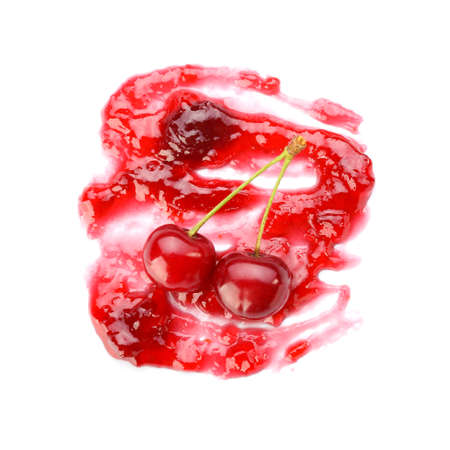 Tasty cherry jam on white backgroundの写真素材