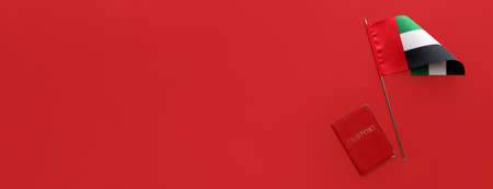 Flag of United Arab Emirates and passport on red background with space for text
