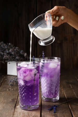Woman pouring milk into glass with fresh lavender cocktail on dark wooden background