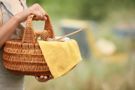 Female beekeeper with honey at apiaryの写真素材