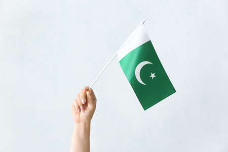 Female hand with flag of Pakistan on light backgroundの写真素材