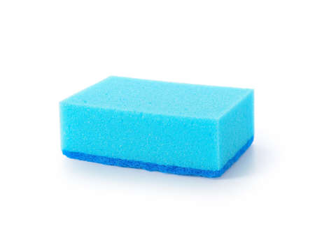Blue cleaning sponge on white backgroundの写真素材