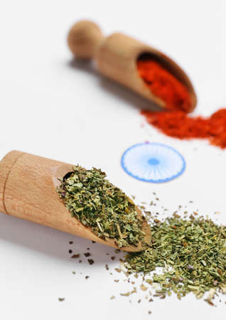 Flag of India made of spices on white background